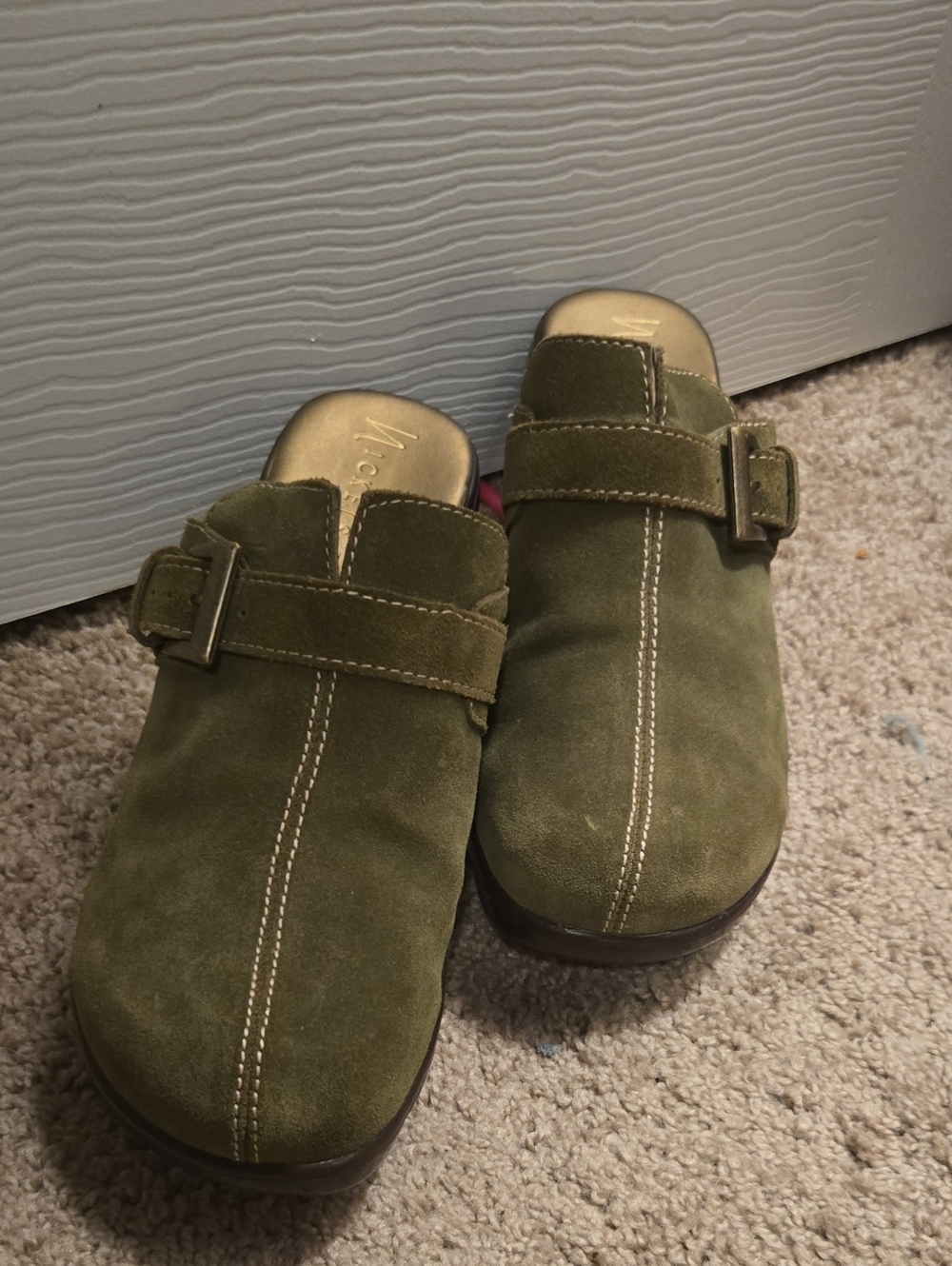 Nickels Olive Suede Slip-On Clogs with Buckle